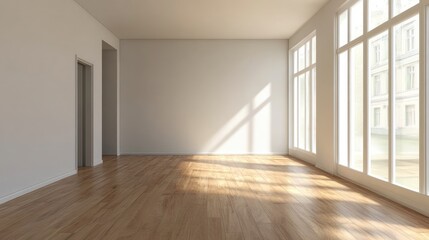 Bright Empty Room with Large Windows and Wooden Floor