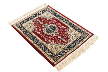Exquisite red and cream handwoven rug showcasing intricate floral patterns on a soft carpet isolated on transparent background