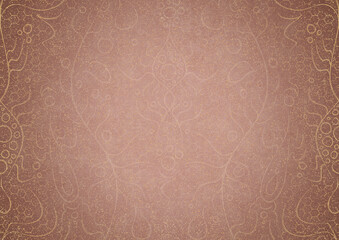 Hand-drawn abstract ornament. Light semi transparent pale pink and golden splatter on a pale pink back, with vignette of same pattern in gold on a darker color. Paper texture. A4. (pattern: p13-2a)