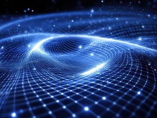 Abstract blue wave pattern with glowing grid effects