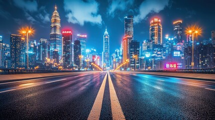 Fototapeta premium Night Cityscape Roadway Illuminated Skyscrapers