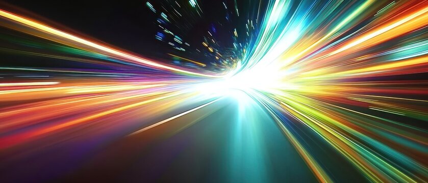 Abstract representation of vibrant light trails creating a sense of motion and speed in a dark environment, evoking energy and excitement