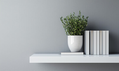 Fototapeta premium Modern white shelf on a dusty gray wall with neutral accents for a minimalist look