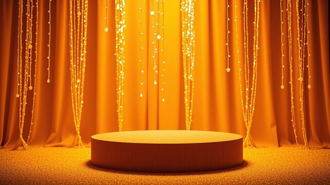Gleaming yellow lights cascade from golden curtains, illuminating an empty stage.