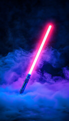 Pink lightsaber in smoke, dark background. Possible use Stock photo for science fiction, fantasy, or gaming products