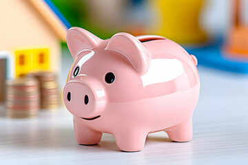 Obraz premium Pink piggy bank with miniature houses and coins. Savings concept. Possible use Stock photo for financial education, saving, or home purchase