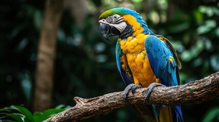 Obraz premium Vibrant Blue-and-gold Macaw Perched on a Branch in Lush Greenery