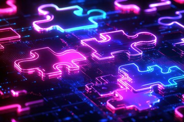 Neon Puzzle Pieces on Digital Background at Night