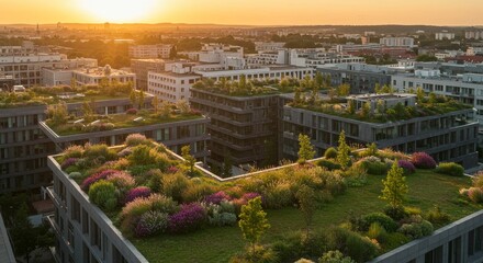 Obraz premium Urban Rooftop Gardens: A Greener Cityscape - Aerial view of modern city buildings with vibrant green rooftop gardens at sunset. Sustainable urban design and environmental responsibility