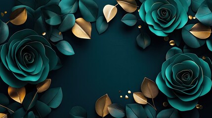 Elegant 3D floral design with deep emerald green roses and gold-accented leaves, creating a luxurious and sophisticated look.