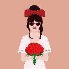 Illustration the girl holding a bunch of red tulips.