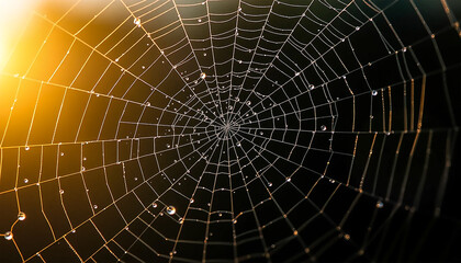 Fototapeta premium Close-Up of a Beautiful Spider Web with Dew Drops Glowing in Golden Sunlight, Capturing Nature's Intricate Design and Morning Serenity