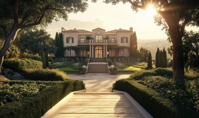 Opulent estate with an impressive threshold and serene landscape surrounding the luxurious property