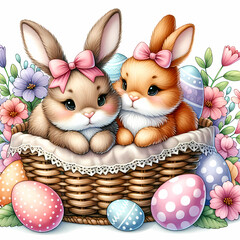 Cute Easter Bunnies in a Basket with Spring Flowers and Eggs