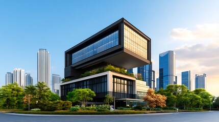 Obraz premium business district with transparent sky bridge connecting buildings