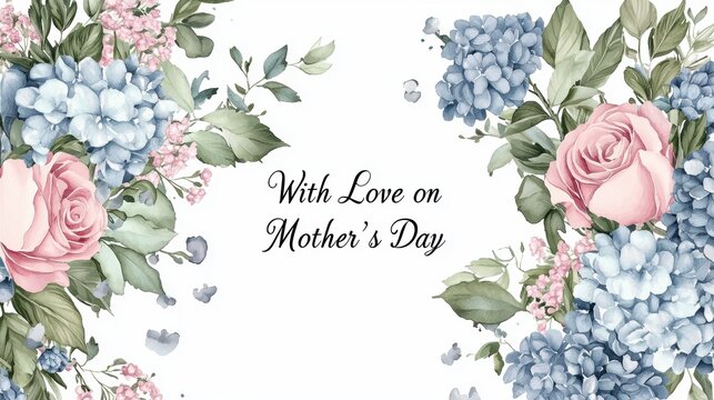 Elegant Watercolor Mother's Day Card with Pink and Blue Floral Arrangements for Personalized Messages - Powered by Adobe