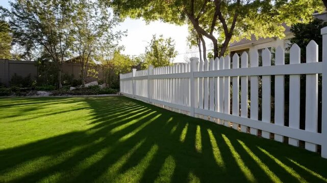 Sunlit backyard fence casting long shadows on lush green lawn