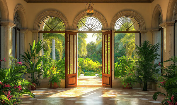 Luxe villa with an open doorway leading into a botanical garden, captured in afternoon sunlight.