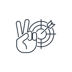  Achieved goal and a gesture of victory. Arrow right on target. Vector linear icon illustration isolated on white background.