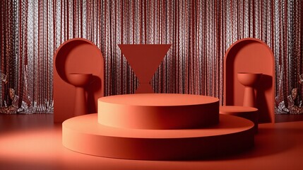 Minimalist stage design featuring bold geometric shapes and a striking color palette.