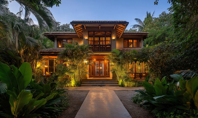Naklejka premium Stunning Villa with Expansive Entrance and Lush Foliage Framing the Property