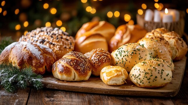 Freshly baked assortment of festive bread rolls on a wooden board with twinkling lights in the background