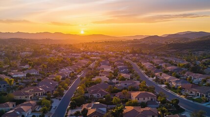 Suburbia Sunset: An aerial view captures the warmth of a sunset over a suburban community, revealing a network of homes, streets, and the natural landscape beyond.