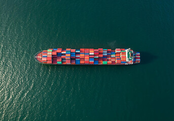 Container ship sailing ocean, sunny sky, aerial view, global trade Generated with AI