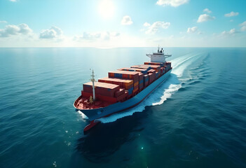 Container ship sailing ocean, sunny sky, aerial view, global trade Generated with AI