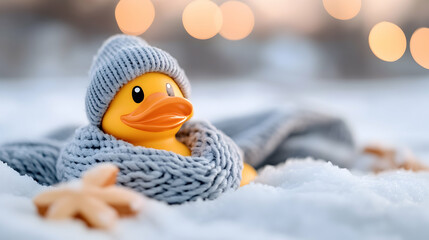 Rubber duck in winter hat and scarf in snow
