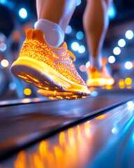 Running shoes on treadmill in brightly lit gym.  Possible use for fitness and exercise stock photos