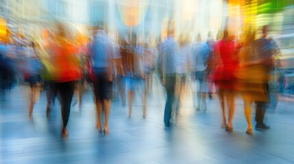 Blurred crowd walking through a vibrant city square
