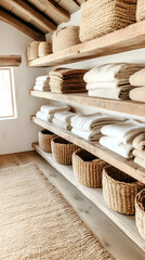 Rustic wooden shelves with beige textiles and baskets. Organized storage in a home. Perfect for lifestyle photography