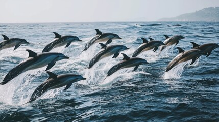 A pod of dolphins leaping and playing in the ocean, creating a breathtaking spectacle of nature's beauty.