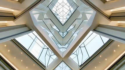 Fototapeta premium Geometric Architectural Design with Glass Elements: Modern Structure Interior Featuring Symmetrical Lines and Natural Light Through Skylight