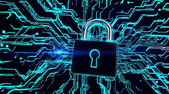 Digital circuits pulse around illuminated padlock. Cyan network patterns spread across dark backdrop forming security visualization. Stationary capture