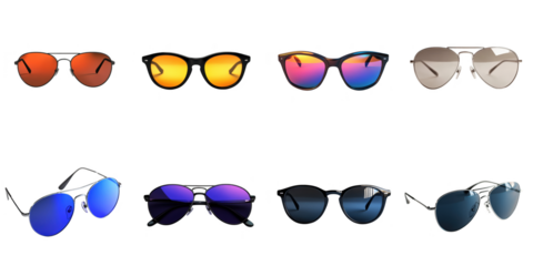 Sunglasses png color lens collection in 3d transparent no background in summer fashion concept.