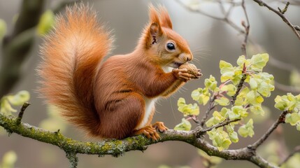 Fototapeta premium Adorable Red Squirrel Enjoying a Nut on a Branch