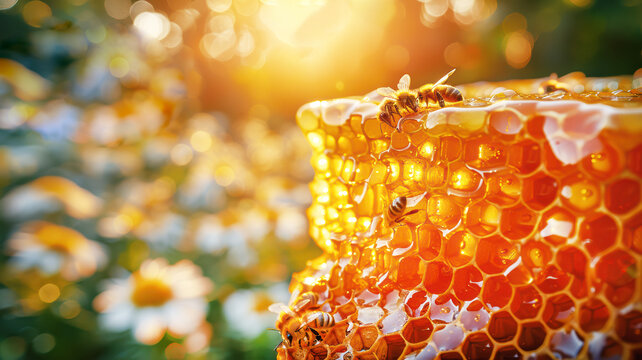 female bee Halictus sp pollinating and feeding on yellow yarrow flowers.