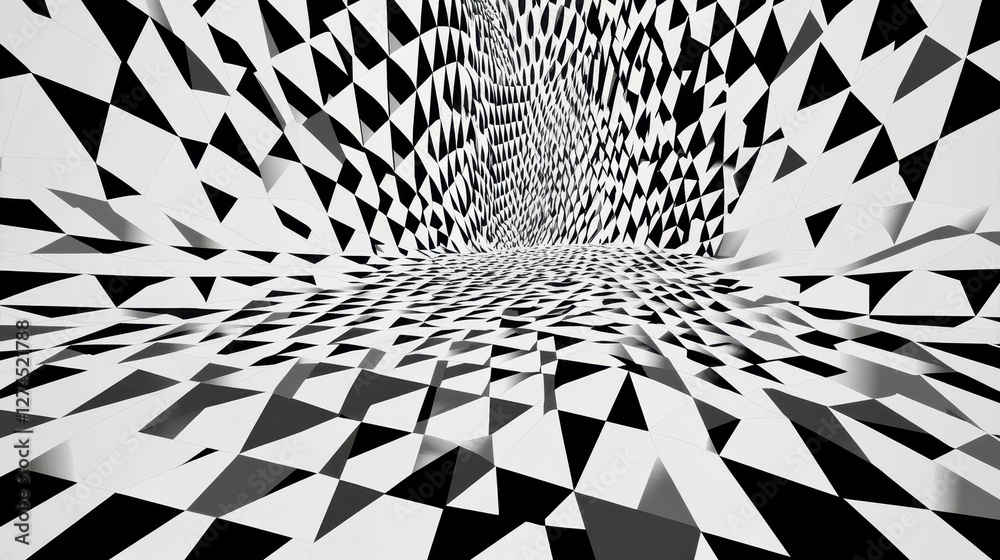 Fototapete Abstract geometric pattern in black and white with dynamic triangular shapes forming a mesmerizing tunnel-like effect in three-dimensional space