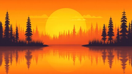 Obraz premium Sunset Silhouette Over Calm Lake And Forest