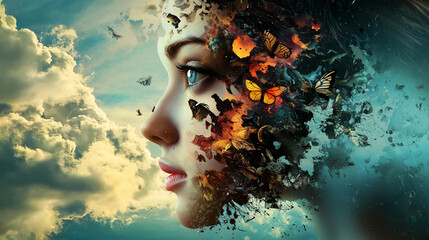 A captivating image depicting a woman's face merging with vibrant elements of nature and wildlife, symbolizing transformation and connection with the environment.