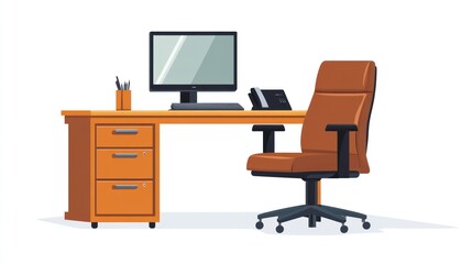 Office desk, chair, computer, phone, work