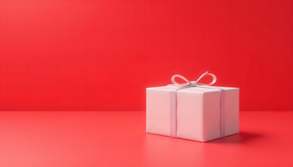 White gift box with ribbon on red background, Present