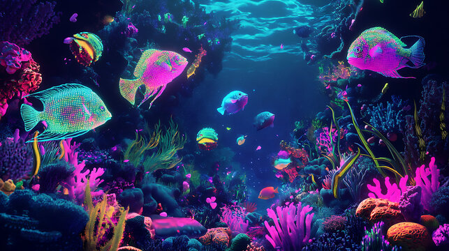 shallow sea view with neon colored fish and marine life