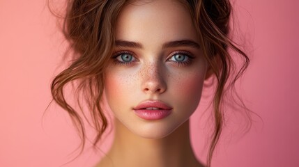 Naklejka premium Sophisticated woman with perfect makeup and neutral pink background
