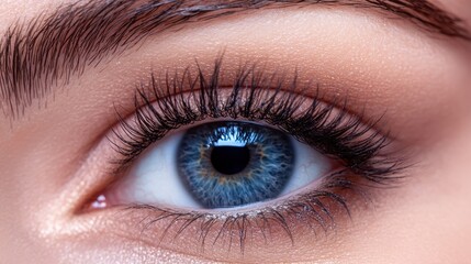 Close-up of blue eye with long curled eyelashes and sharp details