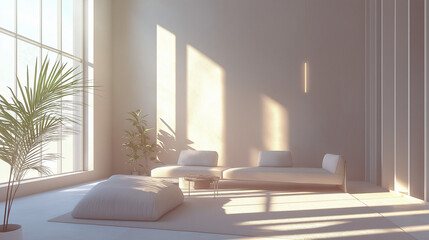 Minimalist lounge area with neutral tones and geometric accents, offering a modern aesthetic.