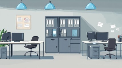 Modern office workspace, desks, computers, filing cabinet, background