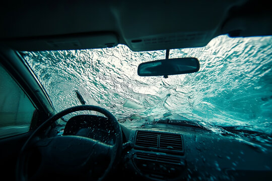 A dramatic view from inside a submerged car as water rushes in.